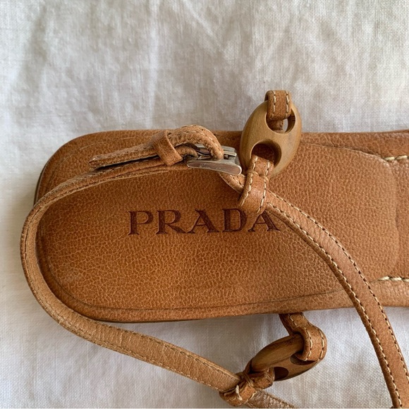 Vintage Prada Wood Leather Thong Square Toe Sandals Tan Brown - Picture 3 of 7